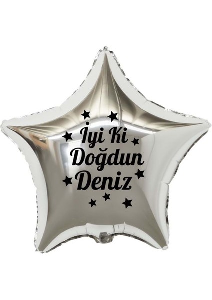 18 inç Gümüş Renk Kişiye Özel İyi ki Doğdun Yazılı Yıldız Figürlü Yıldız Folyo Balon