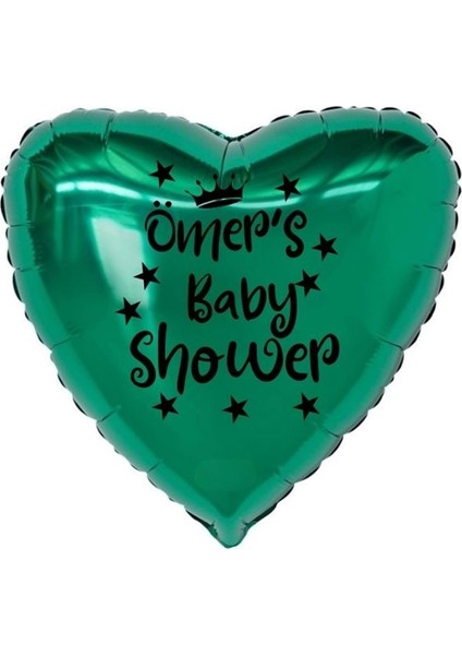 18 inç Yeşil Renk Kişiye Özel Baby Showers Yazılı Yıldız-Taç Figürlü Kalp Folyo Balon