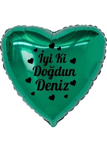 18 inç Yeşil Renk Kişiye Özel İyi ki Doğdun Yazılı Kalp Figürlü Kalp Folyo Balon