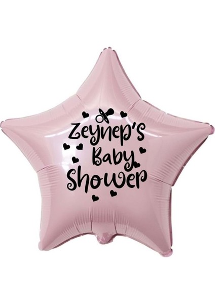 18 inç Pembe Renk Kişiye Özel Baby Showers Yazılı Emzik-Kalp Figürlü Yıldız Folyo Balon