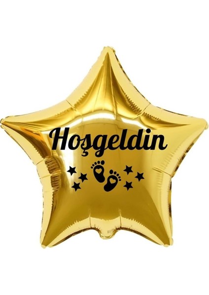18 inç Gold Renk Bebek Ayak Figürlü Hoşgeldin Yazılı Yeni Doğan Temalı Yıldız Folyo Balon