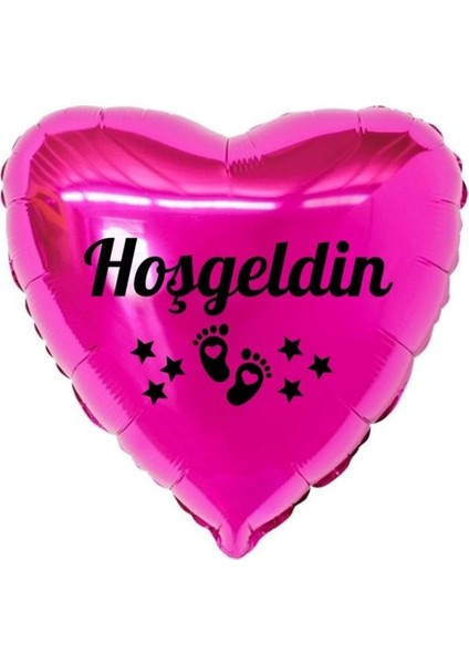 18 inç Fuşya Renk Bebek Ayak Figürlü Hoşgeldin Yazılı Yeni Doğan Temalı Kalp Folyo Balon
