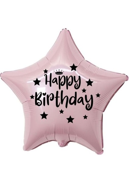 18 inç Pembe Renk Taç - Yıldız Figürlü Happy Birthday Temalı Yıldız Folyo Balonm