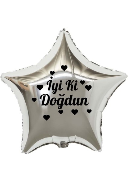 18 inç Gümüş Renk Kalp Figürlü İyi ki Doğdun Temalı Yıldız Folyo Balon