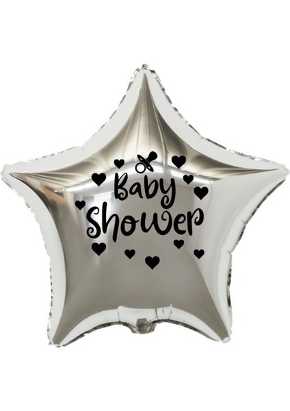 18 inç Gümüş Renk Kalp - Emzik Figürlü Baby Shower Temalı Yıldız Folyo Balon