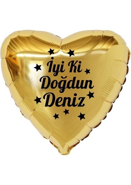 18 inç Gold Renk Kişiye Özel İyi ki Doğdun Yazılı Yıldız Figürlü Kalp Folyo Balon