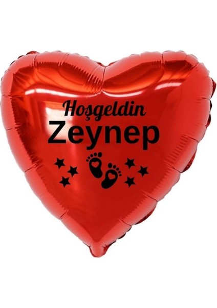18 inç Kırmızı Renk Yeni Doğan Kişiye Özel Hoşgeldin Bebek Yazılı Ayak Figürlü Kalp Folyo Balon