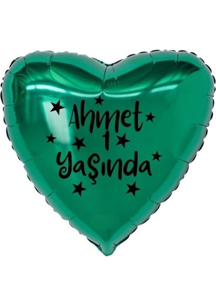 18 inç Yeşil Renk Kişiye Özel Yaşında Yazılı Yıldız Figürlü Kalp Folyo Balon