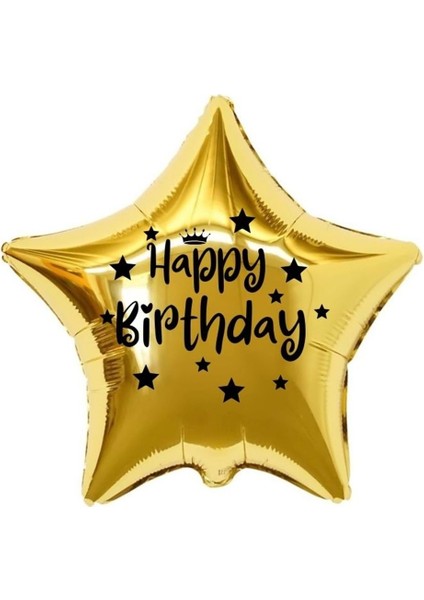 18 inç Gold Renk Taç - Yıldız Figürlü Happy Birthday Temalı Yıldız Folyo Balon