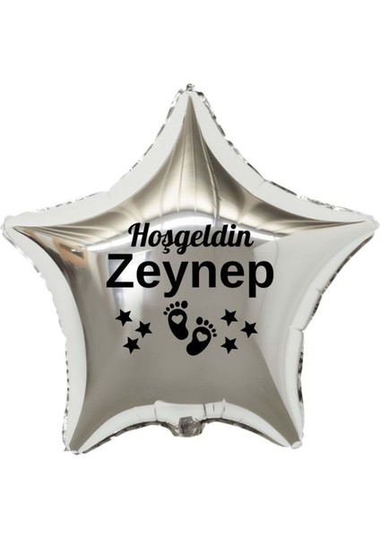 18 inç Gümüş Renk Yeni Doğan Kişiye Özel Hoşgeldin Bebek Yazılı Ayak Figürlü Yıldız Folyo Balon