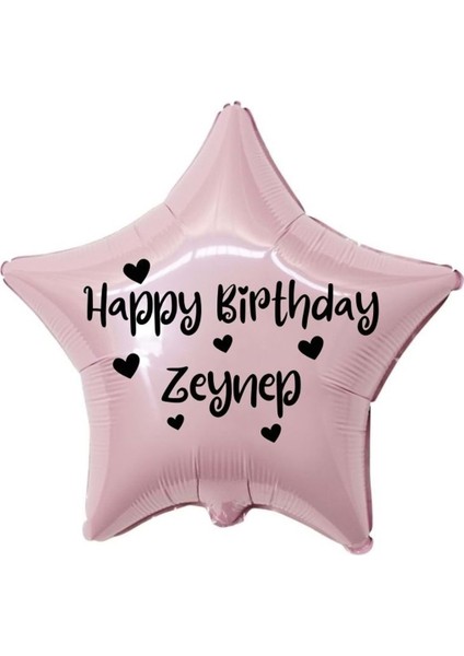 18 inç Pembe Renk Kişiye Özel Happy Birthday Yazılı Kalp Figürlü Yıldız Folyo Balon