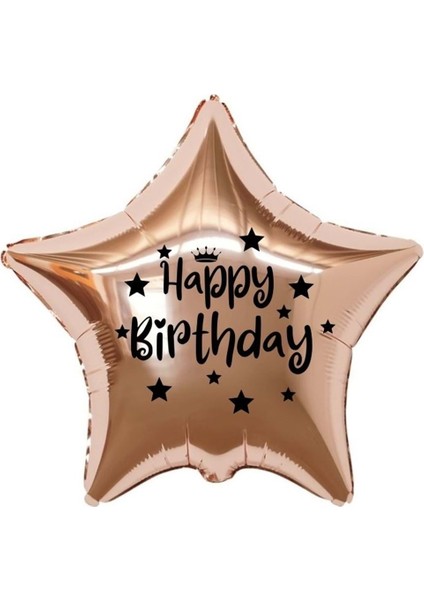 18 inç Rose Gold Renk Taç - Yıldız Figürlü Happy Birthday Temalı Yıldız Folyo Balon