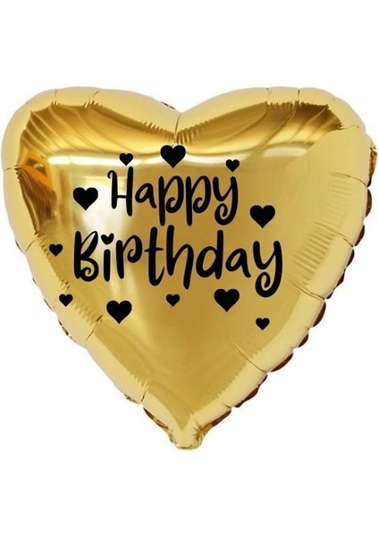 18 inç Gold Renk Kalp Figürlü Happy Birthday Temalı Kalp Folyo Balon