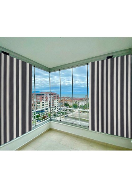 Balkon Perdesi Brandası Gri Beyaz Çizgili 600X250