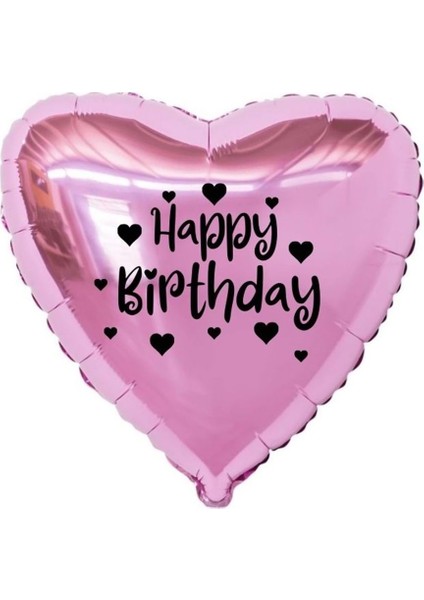 18 inç Pembe Renk Kalp Figürlü Happy Birthday Temalı Kalp Folyo Balon
