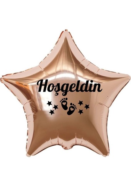 18 inç Rose Gold Renk Bebek Ayak Figürlü Hoşgeldin Yazılı Yeni Doğan Temalı Yıldız Folyo Balon