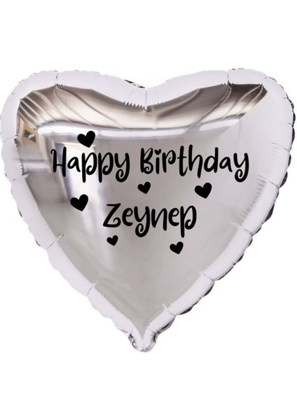 18 inç Gümüş Renk Kişiye Özel Happy Birthday Yazılı Kalp Figürlü Kalp Folyo Balon