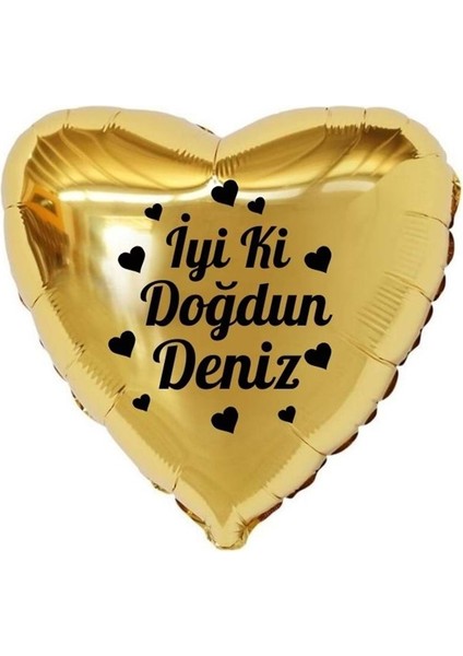 18 inç Gold Renk Kişiye Özel İyi ki Doğdun Yazılı Kalp Figürlü Kalp Folyo Balon