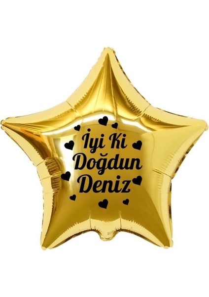 18 inç Gold Renk Kişiye Özel İyi ki Doğdun Yazılı Kalp Figürlü Yıldız Folyo Balon