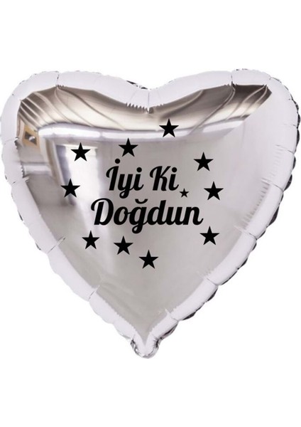 18 inç Gümüş Renk Yıldız Figürlü İyi ki Doğdun Temalı Kalp Folyo Balon