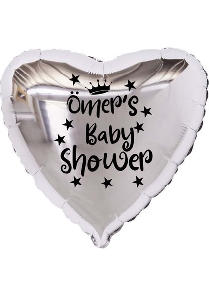 18 inç Gümüş Renk Kişiye Özel Baby Showers Yazılı Yıldız-Taç Figürlü Kalp Folyo Balon