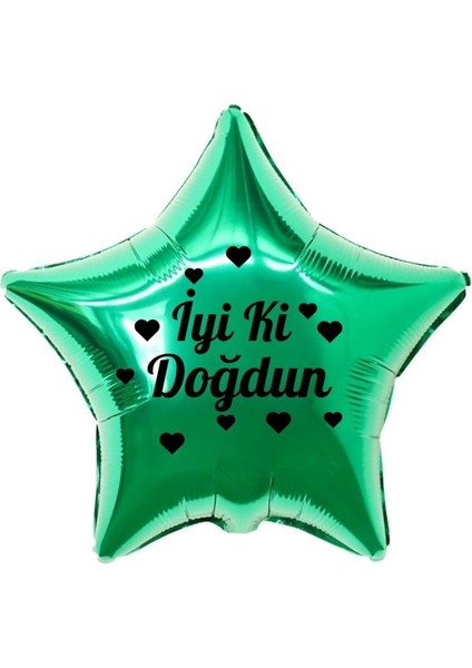 18 inç Yeşil Renk Kalp Figürlü İyi ki Doğdun Temalı Yıldız Folyo Balon