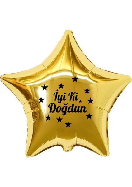 18 inç Gold Renk Yıldız Figürlü İyi ki Doğdun Temalı Yıldız Folyo Balon