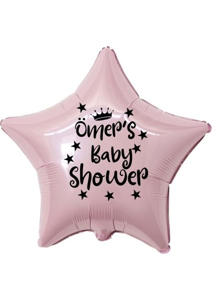 18 inç Pembe Renk Kişiye Özel Baby Showers Yazılı Yıldız-Taç Figürlü Yıldız Folyo Balon