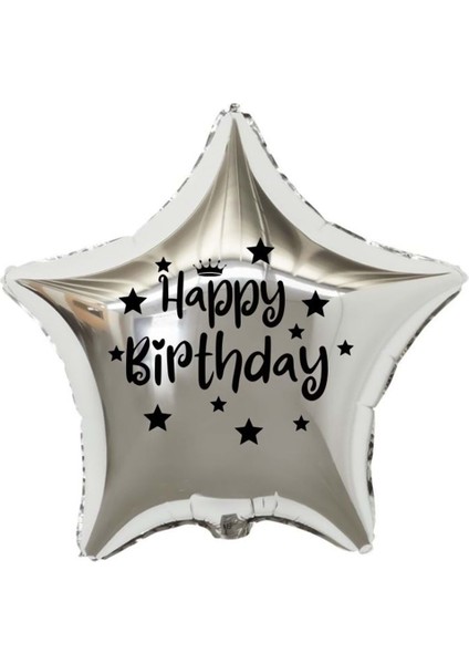 18 inç Gümüş Renk Taç - Yıldız Figürlü Happy Birthday Temalı Yıldız Folyo Balon