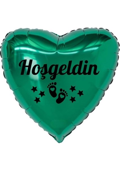 18 inç Yeşil Renk Bebek Ayak Figürlü Hoşgeldin Yazılı Yeni Doğan Temalı Kalp Folyo Balon