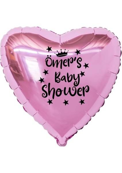 18 inç Pembe Renk Kişiye Özel Baby Showers Yazılı Yıldız-Taç Figürlü Kalp Folyo Balon