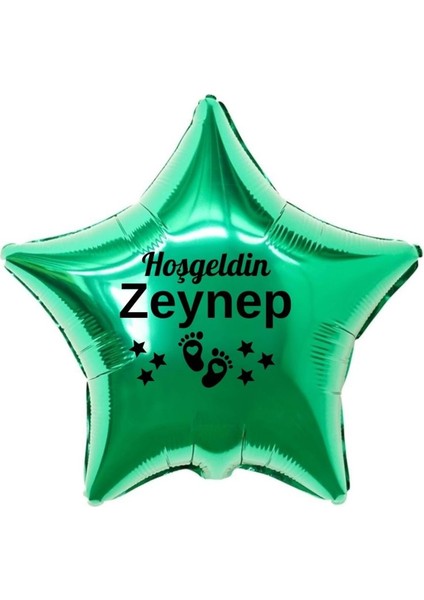 18 inç Yeşil Renk Yeni Doğan Kişiye Özel Hoşgeldin Bebek Yazılı Ayak Figürlü Yıldız Folyo Balon
