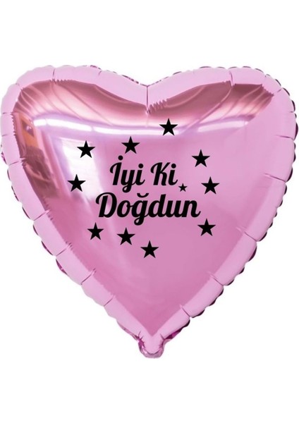 18 inç Pembe Renk Yıldız Figürlü İyi ki Doğdun Temalı Kalp Folyo Balon