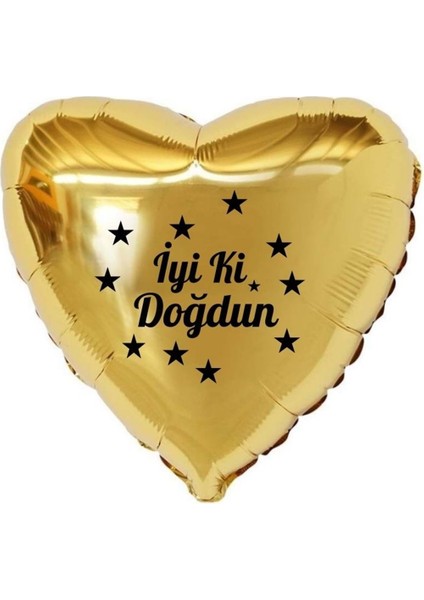 18 inç Gold Renk Yıldız Figürlü İyi ki Doğdun Temalı Kalp Folyo Balon