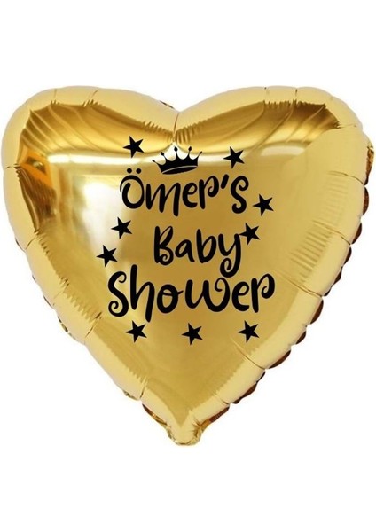 18 inç Gold Renk Kişiye Özel Baby Showers Yazılı Yıldız-Taç Figürlü Kalp Folyo Balon