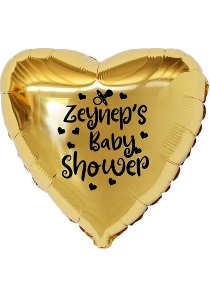 18 inç Gold Renk Kişiye Özel Baby Showers Yazılı Emzik-Kalp Figürlü Kalp Folyo Balon
