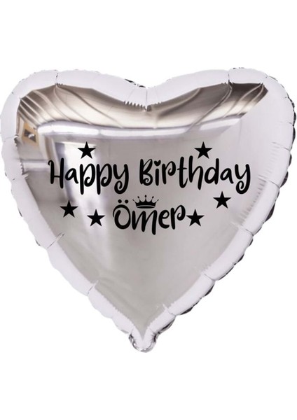 18 inç Gümüş Renk Kişiye Özel Happy Birthday Yazılı Yıldız-Taç Figürlü Kalp Folyo Balon