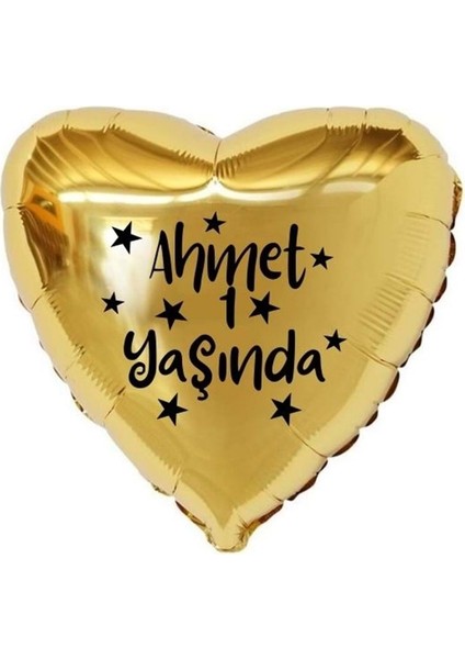 18 inç Gold Renk Kişiye Özel Yaşında Yazılı Yıldız Figürlü Kalp Folyo Balon