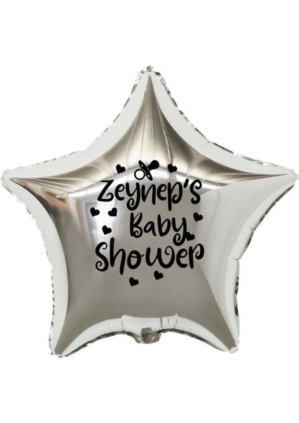 18 inç Gümüş Renk Kişiye Özel Baby Showers Yazılı Emzik-Kalp Figürlü Yıldız Folyo Balon