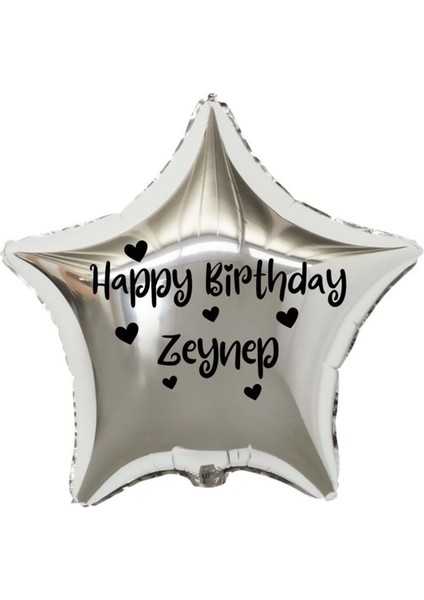 18 inç Gümüş Renk Kişiye Özel Happy Birthday Yazılı Kalp Figürlü Yıldız Folyo Balon
