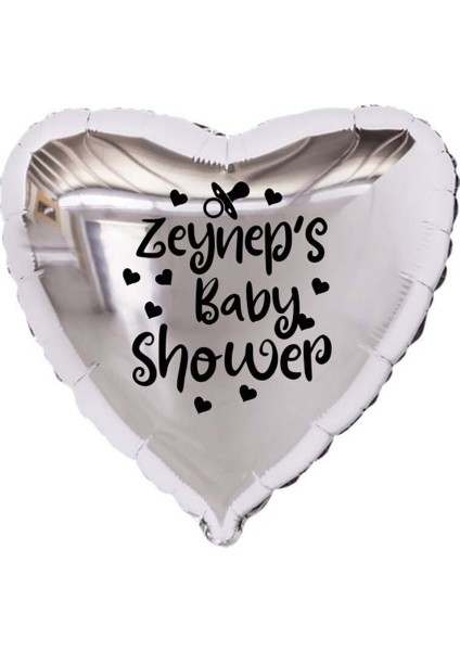 18 inç Gümüş Renk Kişiye Özel Baby Showers Yazılı Emzik-Kalp Figürlü Kalp Folyo Balon