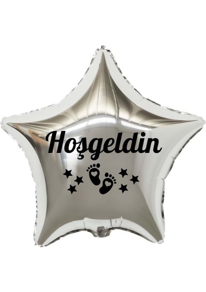 18 inç Gümüş Renk Bebek Ayak Figürlü Hoşgeldin Yazılı Yeni Doğan Temalı Yıldız Folyo Balon