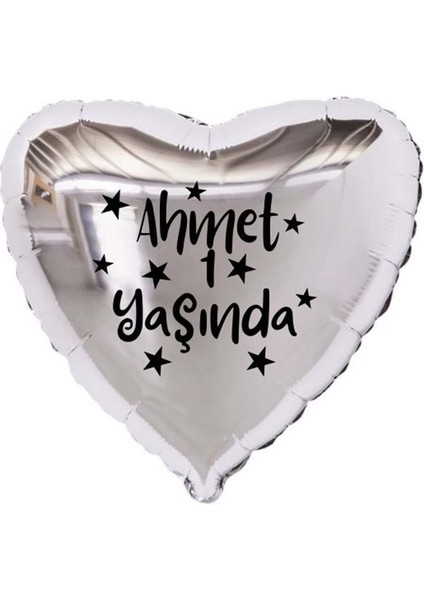 18 inç Gümüş Renk Kişiye Özel Yaşında Yazılı Yıldız Figürlü Kalp Folyo Balon