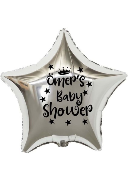 18 inç Gümüş Renk Kişiye Özel Baby Showers Yazılı Yıldız-Taç Figürlü Yıldız Folyo Balon