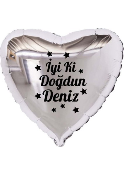 18 inç Gümüş Renk Kişiye Özel İyi ki Doğdun Yazılı Yıldız Figürlü Kalp Folyo Balon
