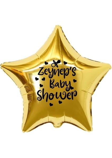 18 inç Gold Renk Kişiye Özel Baby Showers Yazılı Emzik-Kalp Figürlü Yıldız Folyo Balon