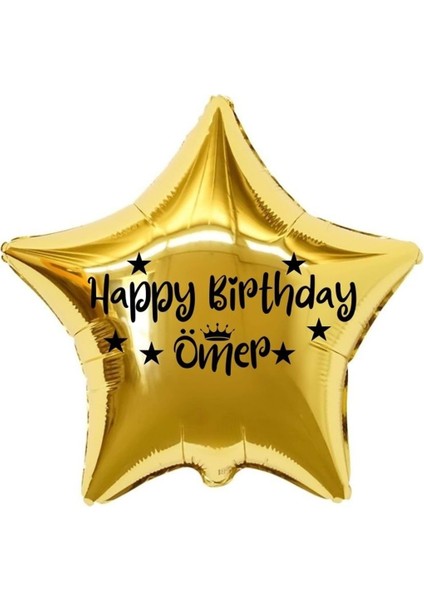 18 inç Gold Renk Kişiye Özel Happy Birthday Yazılı Yıldız-Taç Figürlü Yıldız Folyo Balon