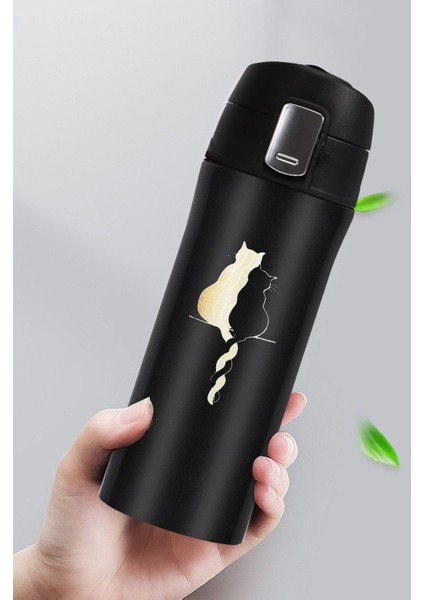 Siyah Kilitli Termos 450 ml Her Türlü Baskı Yapılır Kedi Sevgi