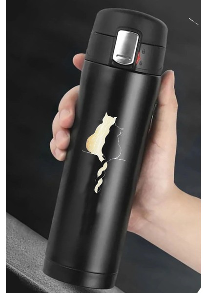 Siyah Kilitli Termos 450 ml Her Türlü Baskı Yapılır Kedi Sevgi