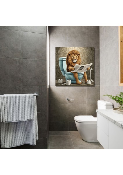 Tekli Kare Kanvas Banyo Tablosu Gazete Okuyan Aslan